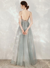 Tulle A-line Beaded Straps Long Party Dress, A-line Low Back Prom Dress
