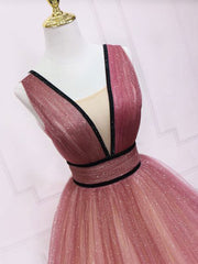 Simple v neck burgundy tulle long prom dress, tulle formal dress