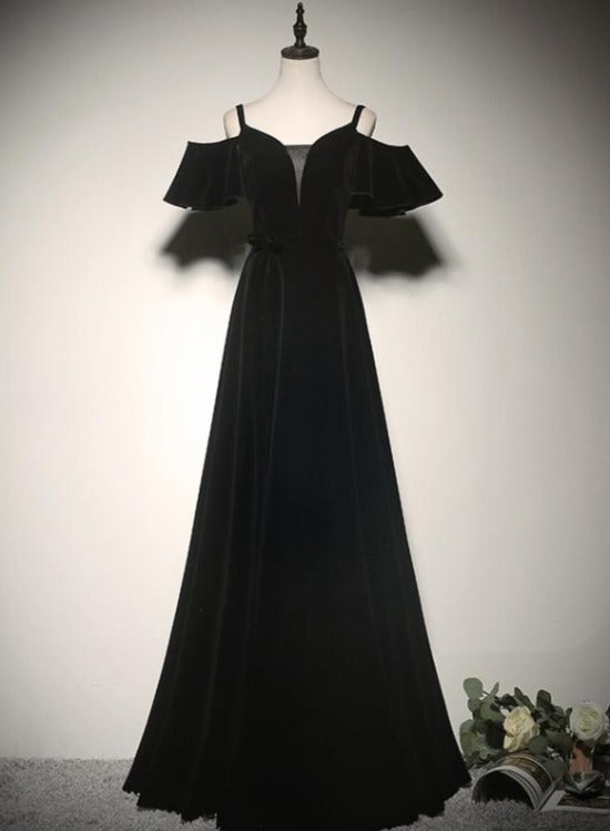 Black Off Shoulder Velvet Long A-line Prom Dress, Black Floor Length Party Dress Evening Dress