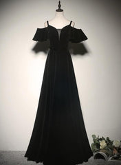 Black Off Shoulder Velvet Long A-line Prom Dress, Black Floor Length Party Dress Evening Dress