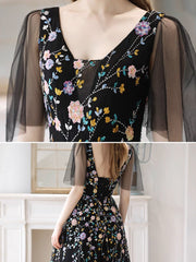 Black A-Line Tulle Lace Long Prom Dress, Black Long Evening Dress