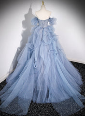 Blue Tulle Long Beaded Off Shoulder Prom Dress, Blue Evening Dress Party Dress