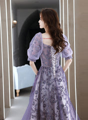 Purple Short Sleeves Tulle Sweetheart Party Dress, A-line Purple Tulle Prom Dress