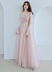 Pink Off Shoulder with Flowers A-line Prom Dress, Tulle Floor Length Party Dress