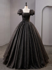 Black Square Neckline Tulle Long Prom Dresses, Shiny Tulle Black Evening Dress