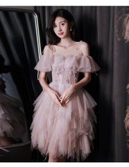 Pink tulle off shoulder short prom dress pink cocktail dress