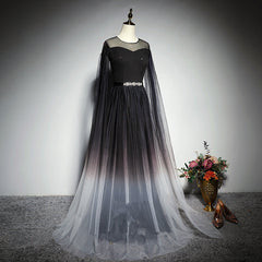 Black Gradient Round Neckline Tulle Long Formal Dress, Black Evening Gown Party Dress