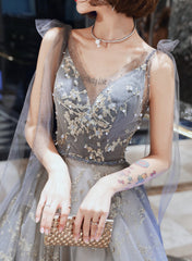 Grey V-neckline Tulle Beaded Waist Long Party Dress, A-line Grey Formal Dress