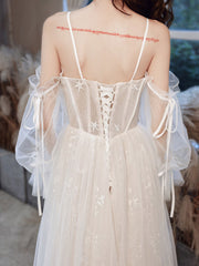 A line ivory tulle lace long prom dress, lace evening dress