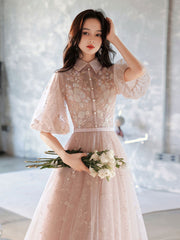 Champagne A-Line Tulle Lace Long Prom Dresses, Champagne Formal Dress