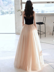 Champagne A line tulle long prom dress, champagne evening dress