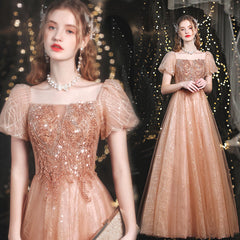 Lovey Tulle Short Sleeves Shiny Tulle Long Prom Party Dress, A-line Floor Length Formal Dresses
