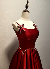 Wine Red Satin Straps Beaded Long Party Dress, Wine Red A-line Prom Dress