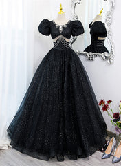 Glam Black Tulle Beaded Short Sleeves Prom Dress, Black Tulle Formal Dress Sweet 16 Dress