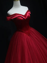Burgundy off shoulder beads long prom dress burgundy formal dress
