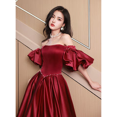 Wine Red Satin Beaded Chic Long Party Dress, Wine Red Puffy Sleeves Prom Dress