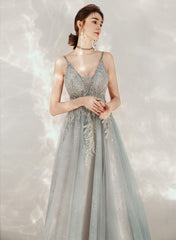Tulle A-line Beaded Straps Long Party Dress, A-line Low Back Prom Dress