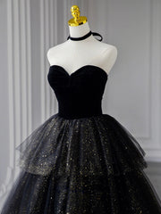 A-Line Sweetheart Neck Tulle Sequin Black Long Prom Dress, Black Formal Dress