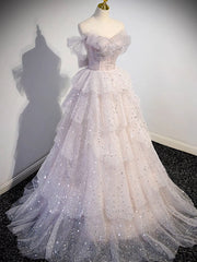 A-line Off Shoulder Tulle Sequin Light Pink Long Prom Dress,Sequin Long Evening Dress