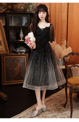Black Tulle Gradient Short Sleeves Party Dress with Lace, Short Prom Dresses