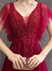 Wine Red Lace Beaded Puffy Sleeves Party Dress, Wine Red Long Prom Dress