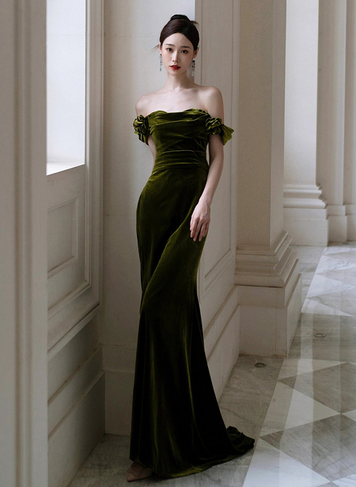 Green Mermaid Sweetheart Off Shoulder Formal Dress, Green Velvet Prom Dress