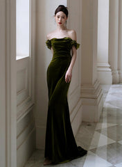 Green Mermaid Sweetheart Off Shoulder Formal Dress, Green Velvet Prom Dress