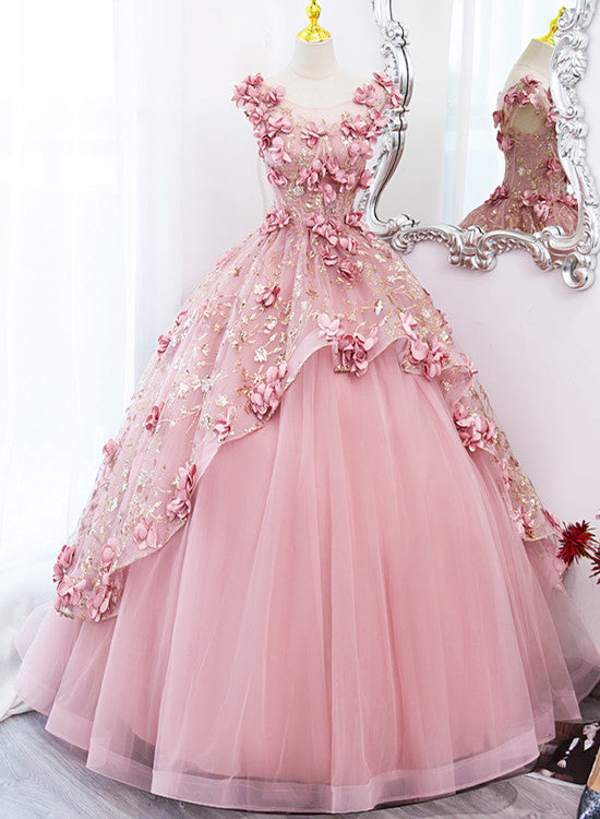 Lovely Pink Tulle Long Party Dress with Flowers, Pink Tulle Sweet 16 Gown