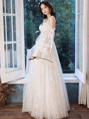 A line ivory tulle lace long prom dress, lace evening dress