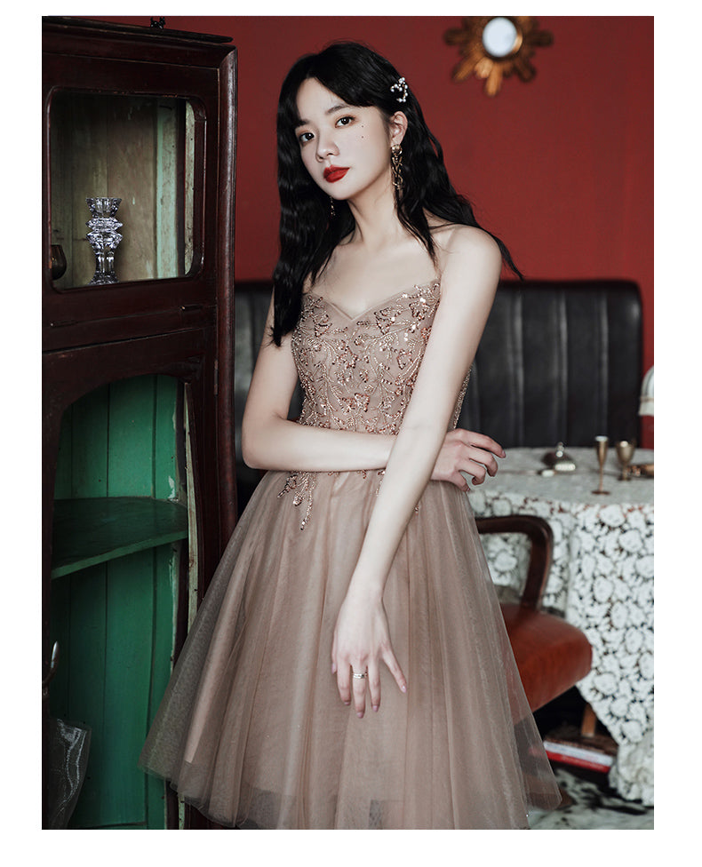 Champagne Tulle Knee Length Beaded Sweetheart Prom Dress, Short Homecoming Dress Party Dress