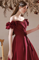 Burgundy Off Shoulder Satin Long Prom Dresses, Burgundy Formal Evening Dress