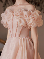 Pink tulle off shoulder tea length prom dress, pink formal dress