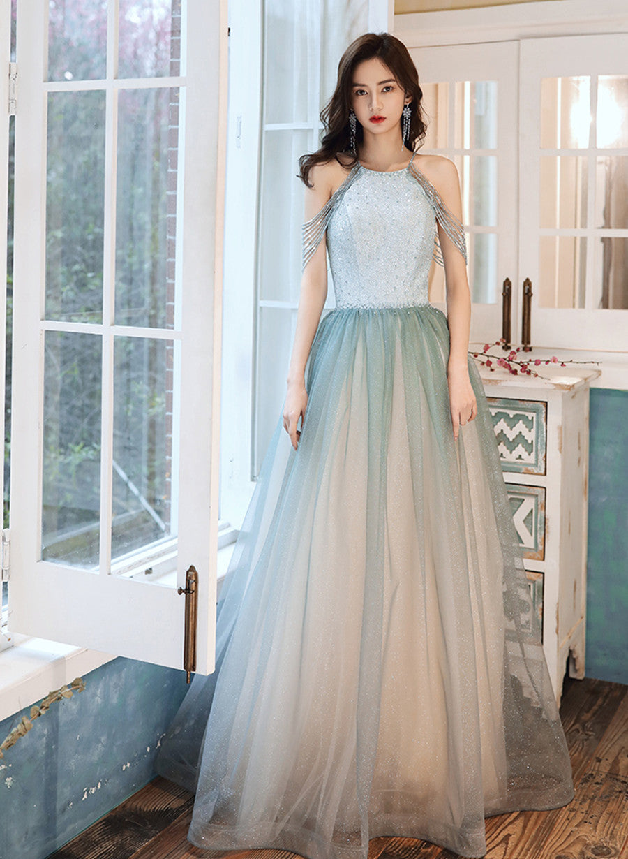 Shiny Light Green Tulle Long Halter Neckline Party Dress, A-line Gradient Prom Dress