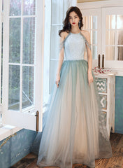 Shiny Light Green Tulle Long Halter Neckline Party Dress, A-line Gradient Prom Dress