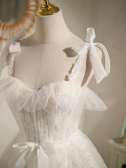 White sweetheart neck tulle lace short prom dress, white tulle formal dress