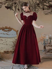 A line Velvet Tea Length Burgundy Prom Dresses, Formal Burgundy Velvet Bridesmaid Dresses