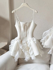Simple A line Spaghetti Straps White Short Satin Formal Homecoming Dresses Party Graduation Dress Hoco Dresses DH2754