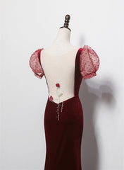 Wine Red Mermaid Velvet with Short Sleeves Formal Dress, Wine Red Evening Dress