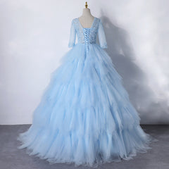 Light Blue Layers Tulle with Lace Princess Gown, Short Sleeves Ball Gown Sweet 16 Dress