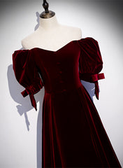 Wine Red Velvet Short Sleeves Long Party Dress, Wine Red Evening Prom Dress