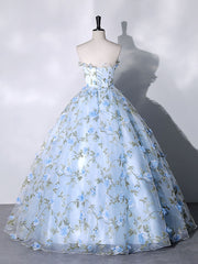 Blue Tulle 3 D Applique Long Prom Dress, Blue Formal Evening Dress
