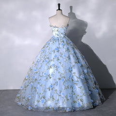 Blue Flowers Sweetheart Ball Gown Formal Dress, Blue Long Sweet 16 Dresses