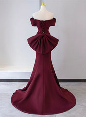 Charming Mermaid Lace-up Satin Long Formal Dress, Burgundy Off Shoulder Evening Dress