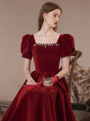 Wine Red Short Sleeves A-line Velvet Party Dress, Wine Red Bridesmaid Dress