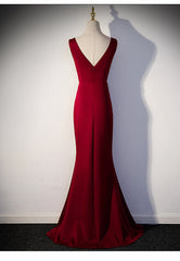 Wine Red V-neckline Mermaid Long Party Dress with Leg Slit, Wine Red Prom Dress