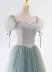 Light Green Tulle and Satin Beaded Long Prom Dress, A-line Tulle Formal Dress