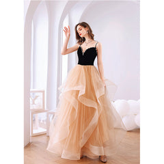 Champagne Layers Tulle with Velvet Straps Party Dress, Long Evening Gown
