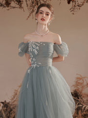 Light Green Short Sleeves Tulle Floor Length Party Dress, A-line  Evening Formal Gown