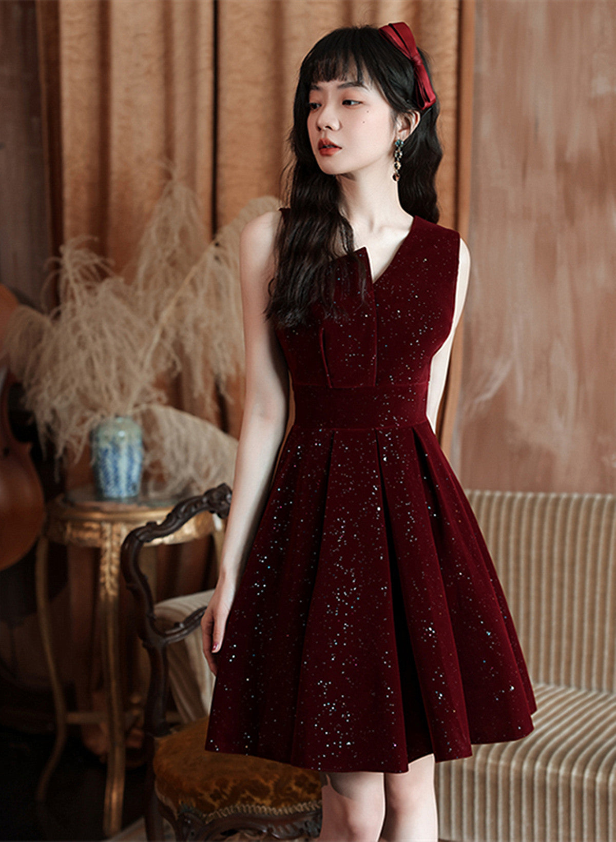 Wine Red Velvet Short Party Dress Homecoming Dress, Wine Red Bridesmaid Dress