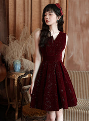 Wine Red Velvet Short Party Dress Homecoming Dress, Wine Red Bridesmaid Dress
